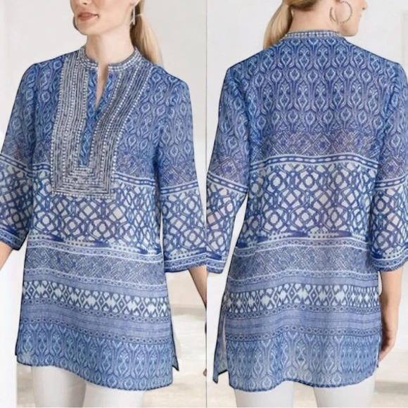 Chico’s Mixed Print Embellished Tunic Size 3 or XL Shiny Beads Sequins Stones - Picture 1 of 8